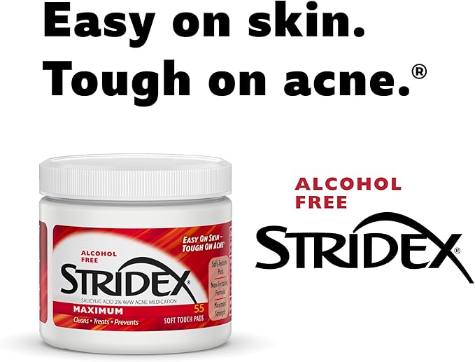 Stridex Medicated Acne Pads, Maximum – Facial Cleansing Wipes, Alcohol Free, Acne's Treatment for Face, For Moderate Acne, Smooth Application, 55 Count (Pack of 2)