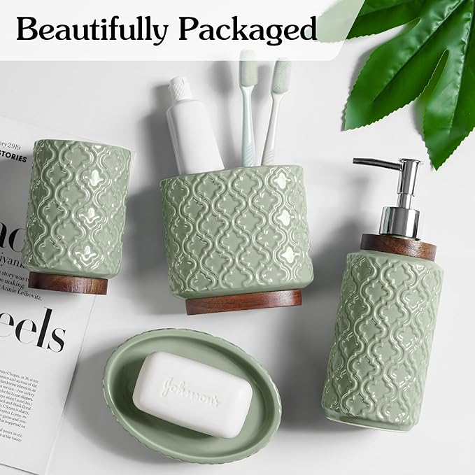 Elegant Bathroom Accessories Set 4 PCS Ceramic and Wood Bathroom Accessory Set Soap Dispenser Toothbrush Holder Tumbler Soap Dish Easy to Clean Quatrefoil Pattern Green