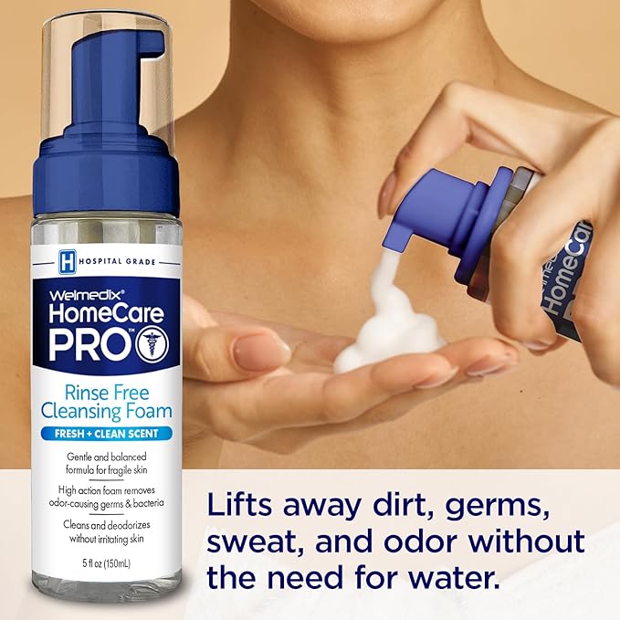 Welmedix HomeCare PRO No Rinse Body Wash Cleansing Foam, easier cleansing for caregivers managing incontinence, pressure ulcers, bedsores + use with adult wipes, disposable washcloth (5oz)