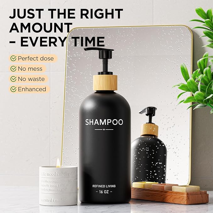 Shampoo and Conditioner Dispenser Set,Shower Soap Dispenser for Bathroom,Refillable Shampoo and Conditioner Bottles with Bamboo Pump and Tray,Soap Dispenser Bathroom for Shower (Black, 3-Pack)