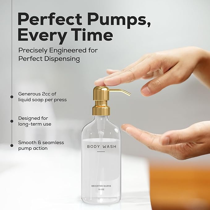 Luxury Shampoo and Conditioner Dispenser Set by Brighter Barns - Shampoo Conditioner Body Wash Dispenser - Refillable Plastic Shower Bottles for Gold Bathroom Decor, Airbnb, Spa, Hotel (Clear/Gold)