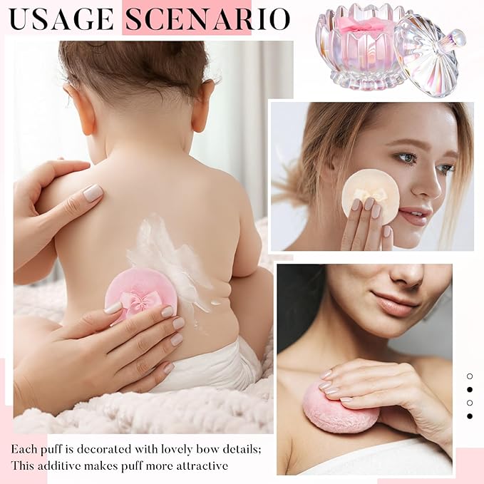 Tioncy 3 Pcs Large Body Powder Puff and Container Valentine's Day gift Powder Container with Puff Crystal Case Soft Washable Reusable Velour Face Body Glitter Wet Dry Makeup(Scalloped,Glitter)
