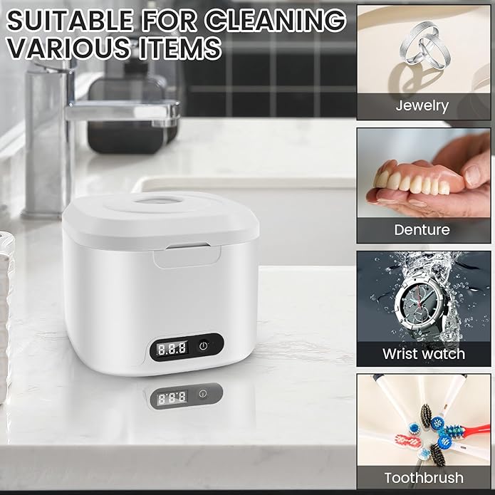 Ultrasonic Retainer Cleaner Machine, 340ML Ultrasonic Cleaner Machine for Braces, Jewelry, Mouth Guard, Glasses, Watch, Denture and Makeup Tools, ABS+304 Stainless Steel, 304 stainless steel