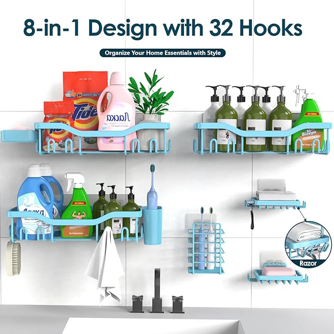 Shower Caddy Adhesive Shower Organizer 8-Pack, Rustproof Stainless Steel Bathroom Shelves, Large Capacity No-Drill Rack Storage Accessories with Soap Dish Toothbrush Holder Hooks