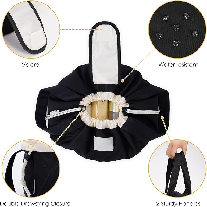 Narwey Lay Flat Open Drawstring Makeup Bag, Large Cosmetic Bag for Women Girls, Cute Make up Bags with Handle, Portable Travel Toiletry Bag for Skincare, Brushes & Travel Essentials (Black)