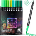 Green Duo Tip Marker Pens, 12 Pack Fine & Brush Markers for Adult Coloring Books No Bleeding, Nature Green Markers for Foliage, Landscape Drawings, Botanical Illustrations and Eco Designs