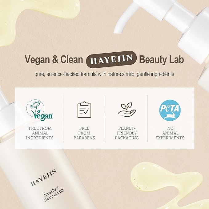 HAYEJIN RiceFila Cleansing Oil - Korean Oil Cleanser for Face with Centella Asiatica, 8 Hyaluronic Acids & 6 Peptides - Vegan & Hypoallergenic Makeup Remover 6.76 fl oz