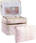 HBselect 2Pcs Travel Makeup Bag, Large Cotton Quilted Makeup Bag Cosmetic Bag Cute Make up Bag Toiletry Bags for Women Girls