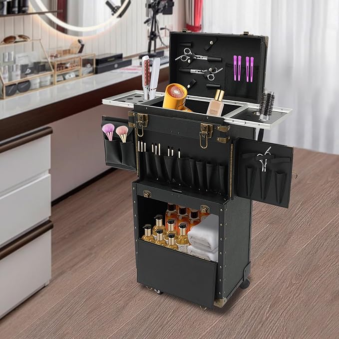 Rolling Makeup Case Large Storage Cosmetic Trolley, Rolling Lockable Makeup Train Case, Stylist Beauty Salon Cosmetic Luggage Travel Organizer Tool Box with Hair Dryer Holder (Black)