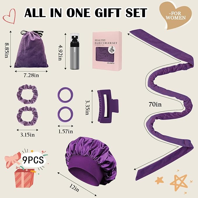 ZILAMPU No Heat Overnight Curls Headband - 70" Soft Wave Wrap for Long Hair to Sleep In, 9 PCS Hair Rollers Gifts Set - Purple