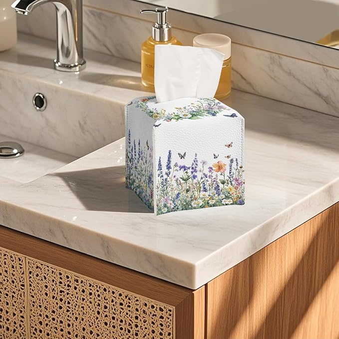 Wildflower Tissue Box Cover Colorful Spring Meadow Butterfly Garden Square PU Leather Waterproof Tissue Box Holder for Car Bathroom Bedroom Office Tabletop Decor