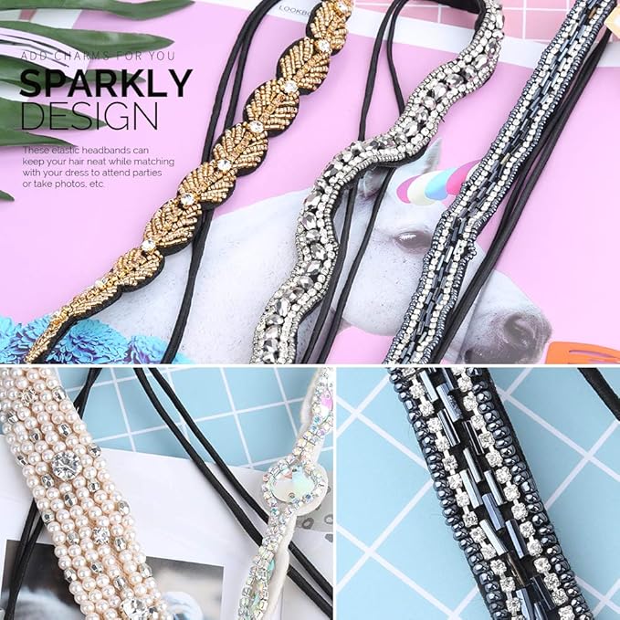 Teenitor 5Pcs Elastic Rhinestone Beaded Headbands, Jeweled Head Bands for Women's Hair, Hair Headbands Hat Bands for Women Girls