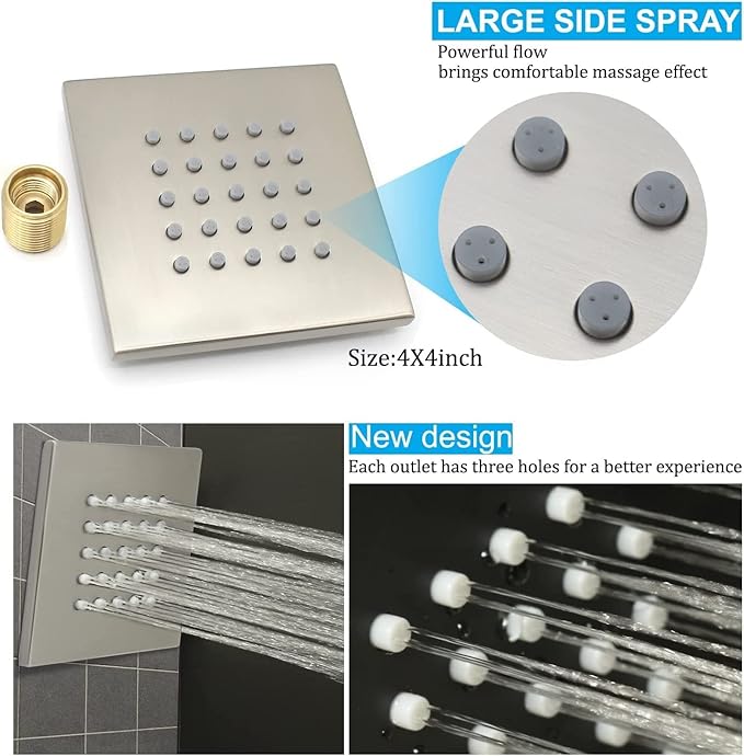 Showerhead Body Spray Massage Spa Shower Jet Concealed Mounted, 4 inch Bathroom Shower Jet, Brushed Nickel, 4 PCS