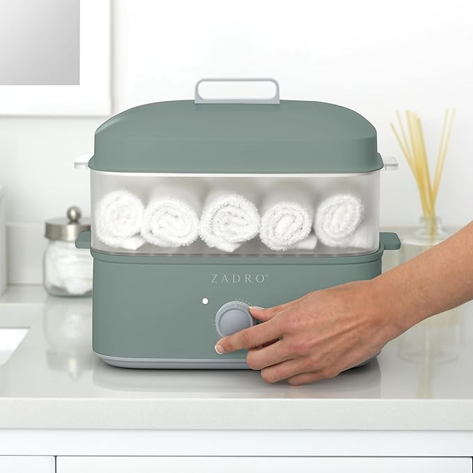 Zadro Towel Steamer with Tongs, 850W Heater, 8L Tray, 1.7L Tank, 30-min Timer for Facials, Manicures, Pedicures, Shaving (13"x12", 120V/850W, 8L, Dark Green)