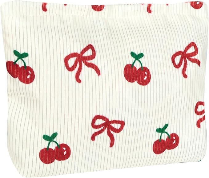 Cute Makeup Pouch for Women Bow Cherry Small Make Up Bag for Purse Zipper Initial Cosmetic Bags Pouches for Purse Aesthetic Travel Toiletrybags,Red Cherries Bows