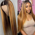 Highlight Ombre V Part Wigs Human Hair Straight Brazilian Virgin Wig 180% Density Glueless Full Head Clip In Half Wigs 28inch #T1BP4/27 Color
