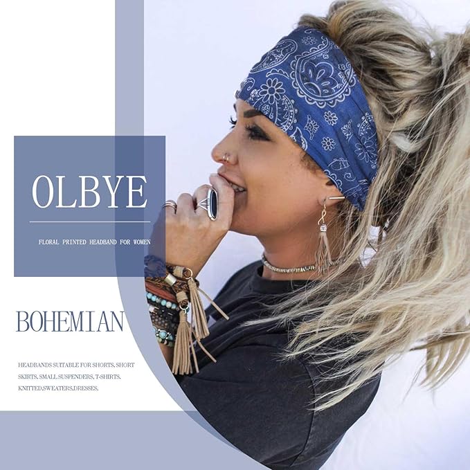 Olbye Wide Boho Headbands Floral Stretch Head Wraps Bohemian African Turban Hairbands Knotted Bandana Headband Yoga Running Head Scarfs Workout Hair Accessories for Women 4Pcs (Bohemian, 9.4 * 5.9'')