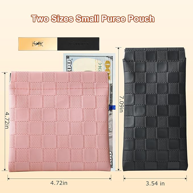 6 Pack 2 Sizes Small Makeup Bag for Purse, Checkered Snap Closure Pouches for Purse, PU Leather Coin Purse for Women, Mini Organizer for Cosmetics Electronics Change, Daily Commute & Travel