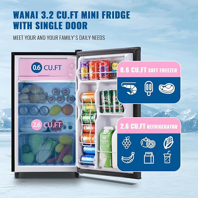 WANAI 3.2 Cu.Ft Mini Fridge with Freezer, Single Door Refrigerator with 5 Adjustable Thermostat, Small Compact Refrigerator Size with LED Light, 3 Removable Shelves Black