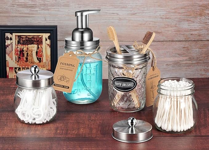 Amolliar Mason Jar Foaming Soap Dispenser Pump Lids (6 Pack), Refillable Foaming Pump Replacement for 16oz Regular Mouth Mason Jar, Waterproof Sticker, Kitchen Bathroom Farmhouse Decor, Brushed Nickel