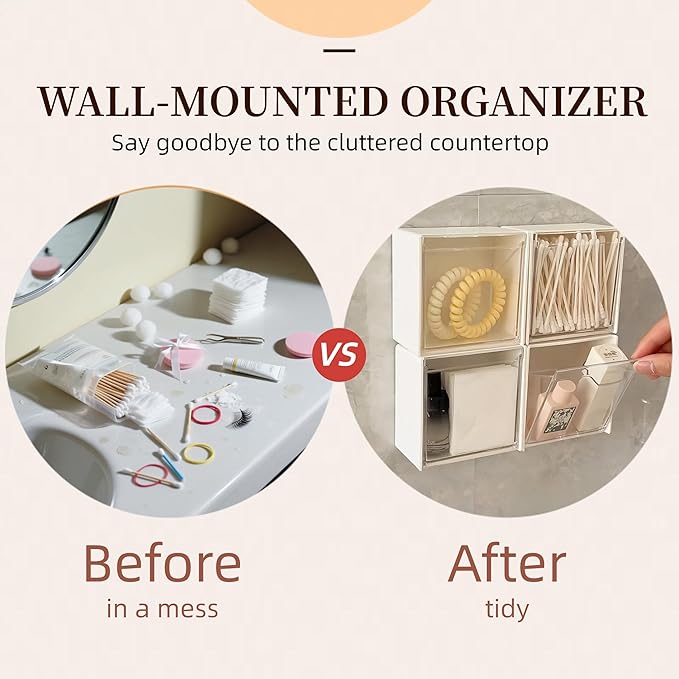 Qtip Holder Wall Mount for Cotton Swabs, Balls, Pads, Hair Ties,Floss Picks- Small Plastic Bathroom Wall Organizers and Storage Set,Bedside Shelf,Home Decor,Dorm Room Essentials (2)