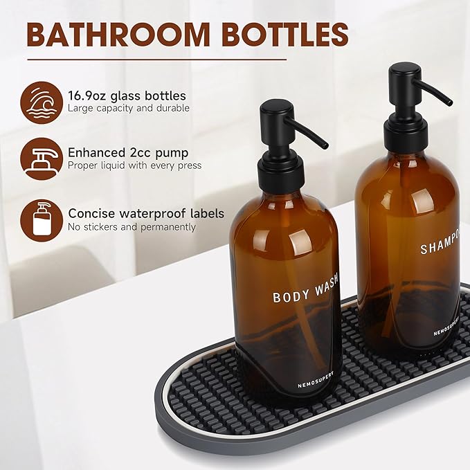Glass Shampoo and Conditioner Dispenser-Shower Soap Dispenser for Bathroom-16.9 fl oz Set of 3 Refillable Glass Bottles with Pump and Labels-Shampoo Dispenser for Shower(Amber)