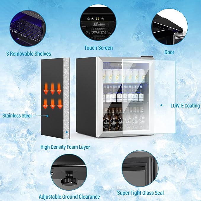 Beverage Refrigerator and Cooler, 76 Can/1.7 Cu Ft Mini Fridge with Glass Door, Adjustable Shelves for Soda,Beer,Wine, Free Standing Small Refrigerator, Digital Display, for Home, Bar, Office