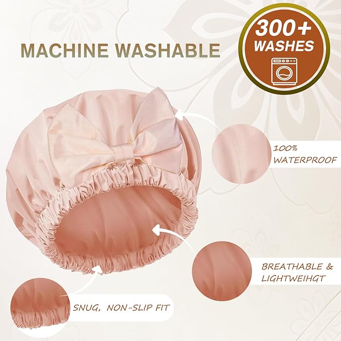Reusable Shower Cap for Women with Stylish Bow, Non-Slip Waterproof Anti Humidity Bathing Cap, Roomy Anti Frizz for Short Medium Straight Wavy Hair, Soft Elastic & Machine Washable, Pink