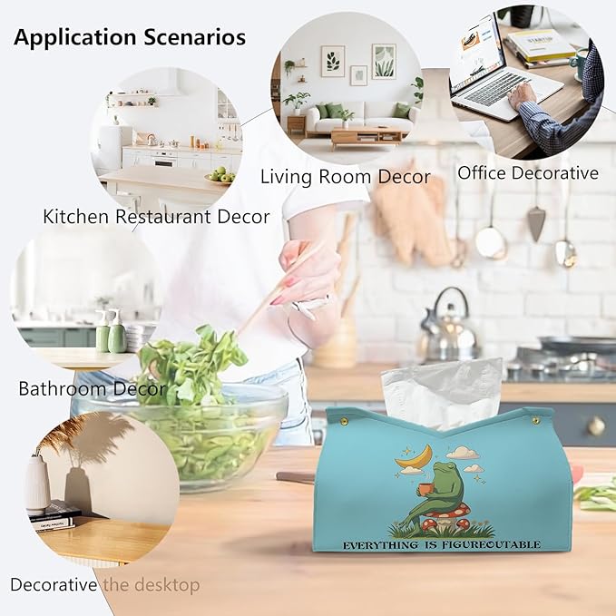 Bule Frog Motivational Tissue Box Cover,Mental Health Inspirational Toilet Paper Box Holder,Leather Decorative Facial Paper Case for Living Room Bathroom Kitchen Office Desk,9.8x5.9x5.9