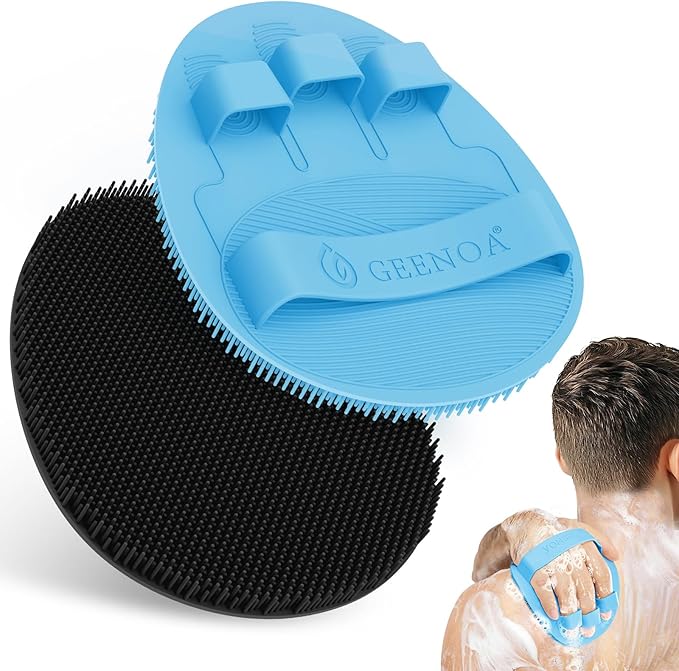 Silicone Bath Gloves 2PCS, 360° Anti-Slip & Enlarged Silicone Body Scrubber for Rich Foaming Deep Cleaning, Revolutionary No-Grip & Hand-fit Shower Scrubber for All Skin Types.(Black+Blue)