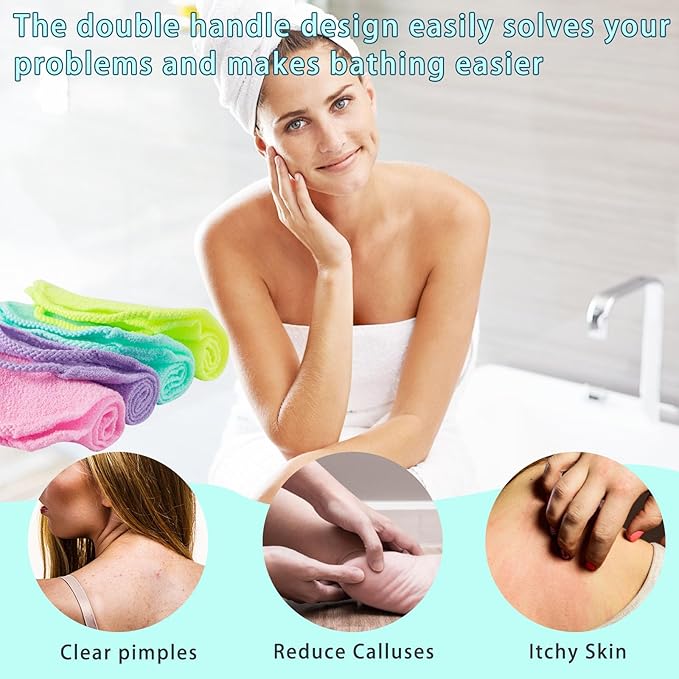 4 Pcs Exfoliating Back Scrubber with Handles,Nylon Back Exfoliator Extended Length Back Washers Stretchable Exfoliating Washcloth Pull Strap Shower Scrubber for Body Cleans Skin Massages for Women Men
