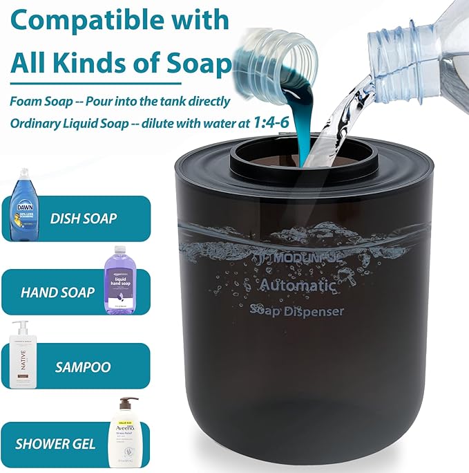 Automatic Foaming Soap Dispenser for Bathroom: 4-Level Adjustable Countertop/Wall Mount Hand Soap Dispenser, 13.5oz/400ml Type-C Rechargeable – Suitable for Kitchen, Bathroom, Office, Hotel (Black)