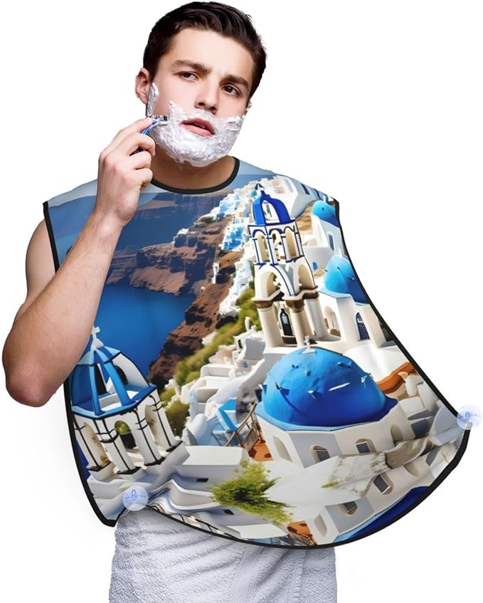 Greek Island Sea View Print Beard Bib Apron For Men, Beard Hair Catcher For Men Shaving Trimming,Beard Cape Cloth