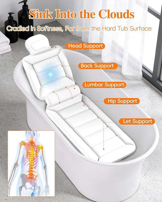 Full Body Bath Pillow for Bathtub, Thick Luxury Bathtub Cushion with Movable Lumbar Support and Laundry Bag, Bathtub Pillows for Head, Neck and Back Support, Bathtub Accessories for Women Spa Gift
