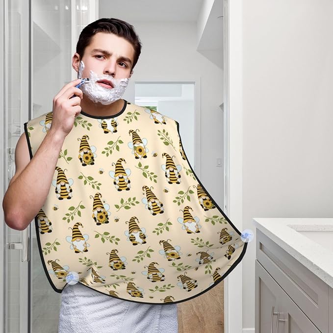 Adjustable Beard Catcher Apron, Cute Gnomes Bees Sunflowers Print Shave Bib, Non-Stick Waterproof Grooming Bib, Shaving Essential for Men Dad Christmas