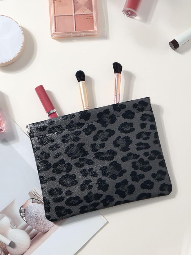 Leopard Leather Small Makeup Pouch for Women,Cosmetic Accessories Organizer,Waterproof and Portable Cosmetic Bag,Self-closing, No Zipper, Aesthetic Storage Pouch,Lipstick for Purse,Black