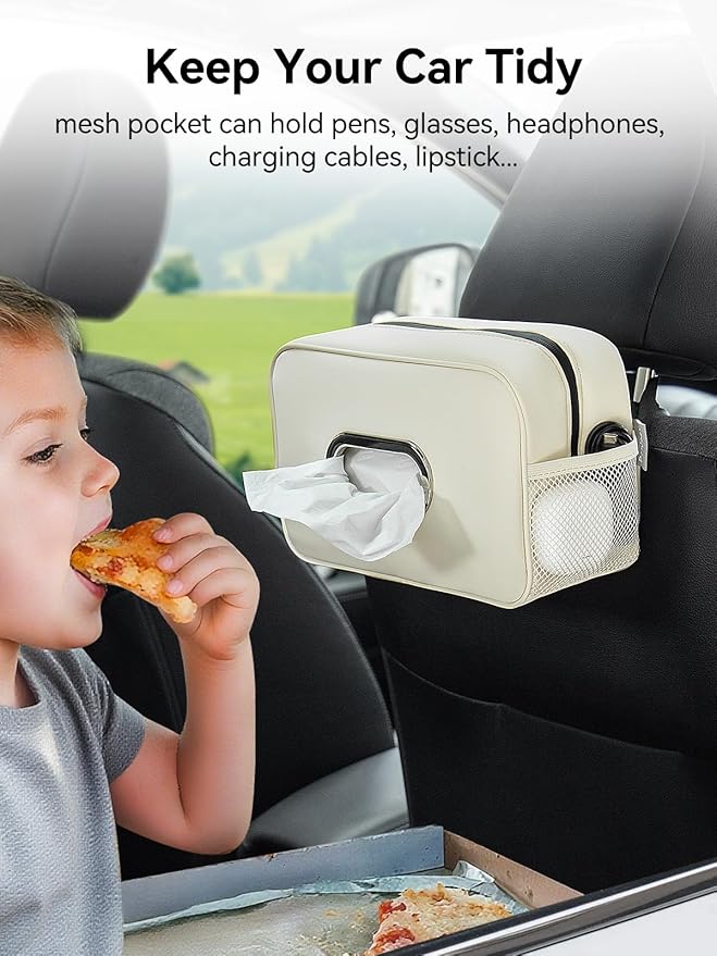 2 Pack Multi-functional Car Tissue Holder with ‌2 Tuck Nets, Upgraded PU Leather Tissue Box Cover, Large Rectangle Napkin Storage Organizer, Keep Car Tidy, White
