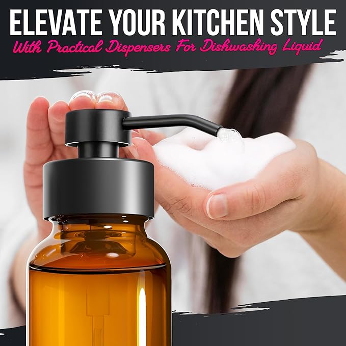 2Pcs Amber Glass Foaming Soap Dispenser - 8.5 oz Amber Glass Soap Dispenser with Pump, Compatible with Hand Soap, Dish Soap, Shampoo and Gel, Durable, Stylish & Refillable for Bathroom and Kitchen