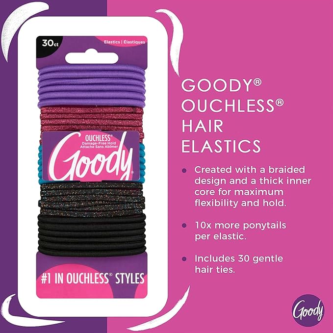 Goody Ouchless Women's Elastic Hair Ties - 30 Count, Assorted Glitter/Multi - 4MM for Medium Hair - Long-Lasting Braids, Ponytails, and More - Pain-Free Hair Accessories (Packaging May Vary)