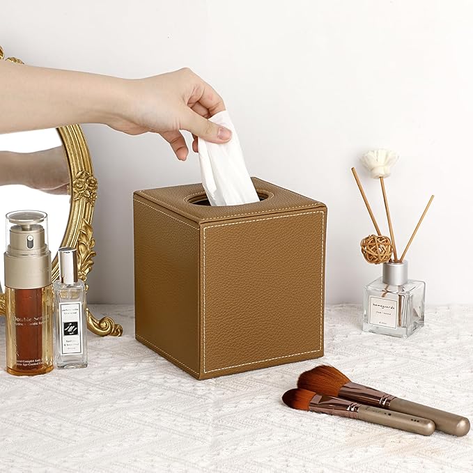 Sumnacon Square Leather Tissue Box Cover - Stylish Cube Tissue Box Holder with Magnetic Bottom, Decorative PU Tissue Box for Vanity Dresser Night Stand Table Countertop Home Office Car, Camel