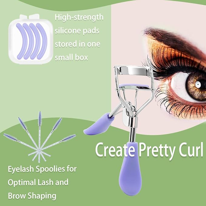 BenePoint Eyelash Curler, Lash Curler with Bonus 4Pcs Replacement Lash Pads& 5Pcs Eyelash Spoolies, Eyelash Curler Kit Portable Travel Eyelash Curler for Eyelash Extension (Purple)