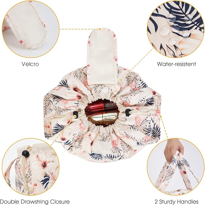 Narwey Barrel Drawstring Makeup Bag Large Floral Cosmetic Bag Make up Bags Toiletry Organizer for Women and Girls (Beige Flamingo) (Patent)