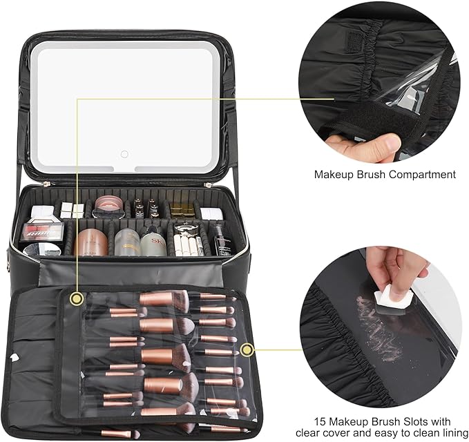 Relavel Makeup Case Large Makeup Bag with LED Mirror, Professional Train Case 16.2 inch, Travel Cosmetic Organizer Brush Holder Waterproof Makeup Artist Storage Box with Adjustable Strap