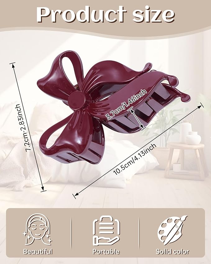 Mesovor 4 pack Cute Bow Claw Clip for Women, Nonslip Large Matte Strong Hold Bows Hair Clips for Thin and Thick Hair | Chic Hair Styling Accessories (Glossy Cherry, Brown)