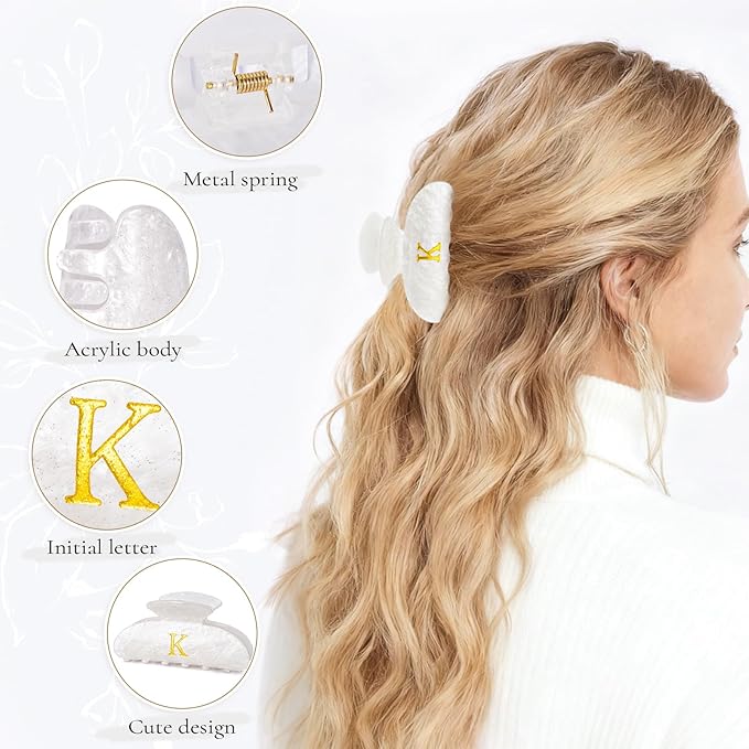 Personalized Hair Clips Hair Claws for Women - Elegant Hair Accessories for Women - Monogram Hair Claw Birthday Gifts for Her Wedding Bridesmaid Friend Sister Teacher Wife Grandma - White,E