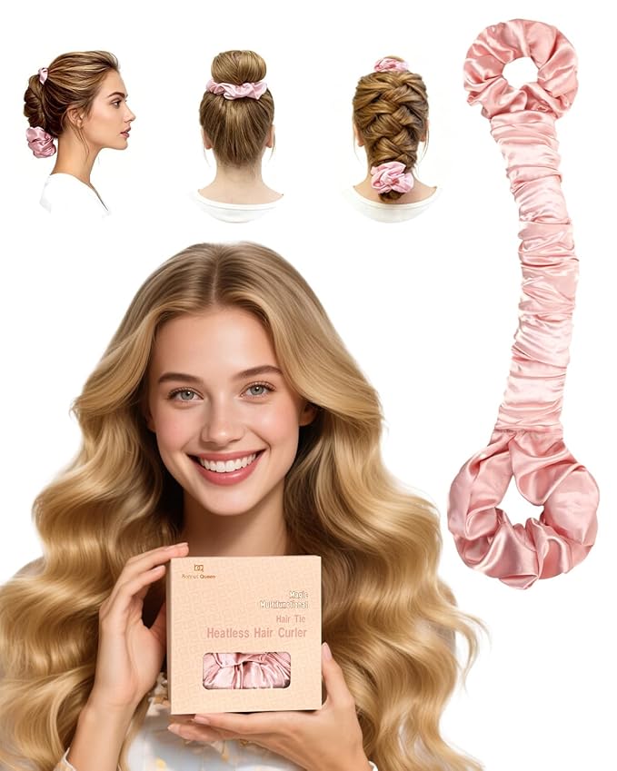 BONNET QUEEN Multi-function Satin Heatless Hair Curler & Hair Tie Non-Heating Hair Roller Curling Rod with Scrunchie, Large, Cream Pink(For Big Curls)