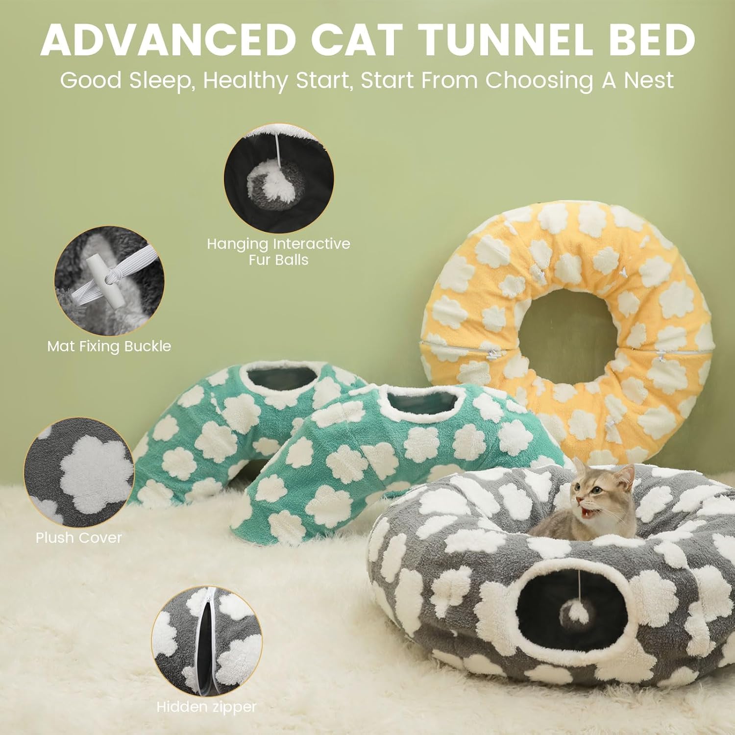Cat Tunnel Bed for Indoor Cats,Soft Peekaboo Cave Cat Donut Tunnel with Washable Circle Cushion Central Mat, 3 Ways Shaped Round Pet Play Tunnel Toy for Kitten Puppy Rabbit Ferret Green