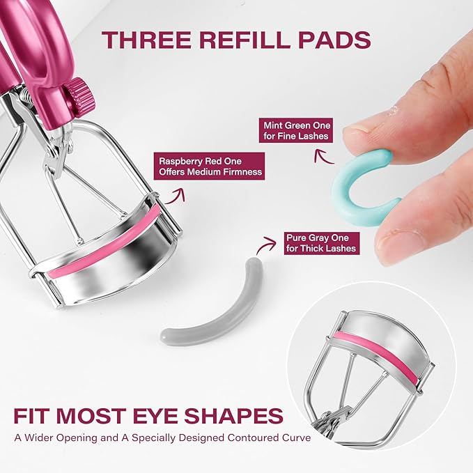 Eyelash Curler with 3 Refill Pads of 3 Different Firmness, Upgraded Material Handle, Achieve Precise Control, Professional Lash Curler Features a Built-in Lock for Easy Storage & Travel, Gentle & Safe