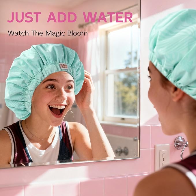 Years Calm Luxury Shower Cap for Women, Color Changing Shower Cap Reusable Waterproof, Flexi Satin Lined, Stylish Hair Cap for Shower, Washable Elastic Band Bath Cap for Long Hair, Braids (Aqua)