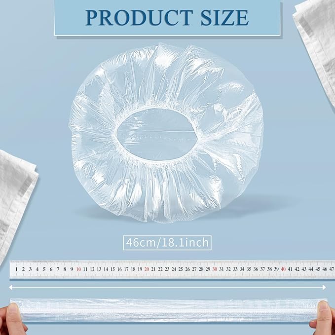MORGLES 100 Pcs Disposable Shower Caps for Women, 18.1" Waterproof Plastic Shower Caps for Bathing, Hair Treatment, Conditioning in Home Hotel Travel